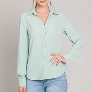 Womens Sage Button Down Shirt Long Sleeve Career Office Casual  S/M/L